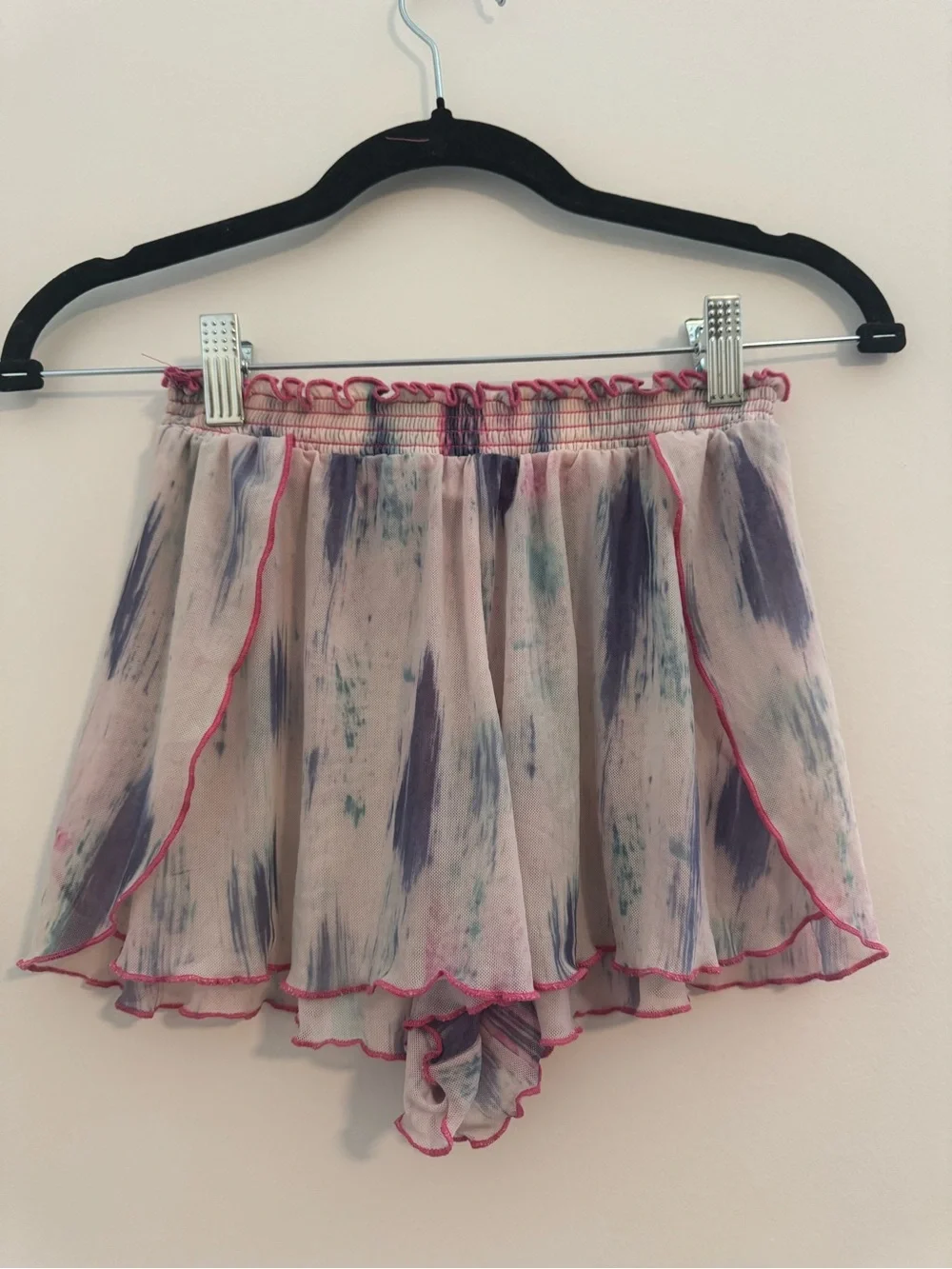 Urban Outfitters Lightweight Mesh Pink Brushstroke Ruffle Shorts
